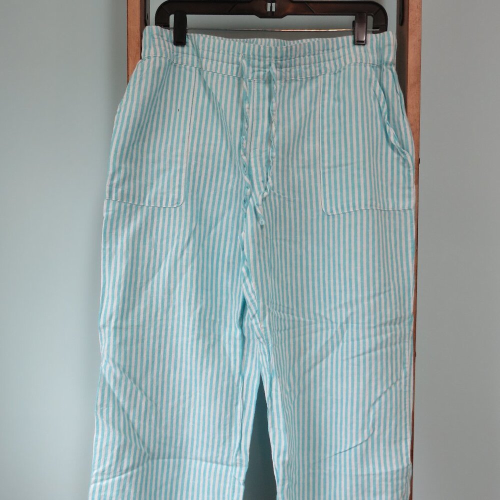 Liz Claiborne Linen Mid Rise Capris in Turquoise Stripe Size M